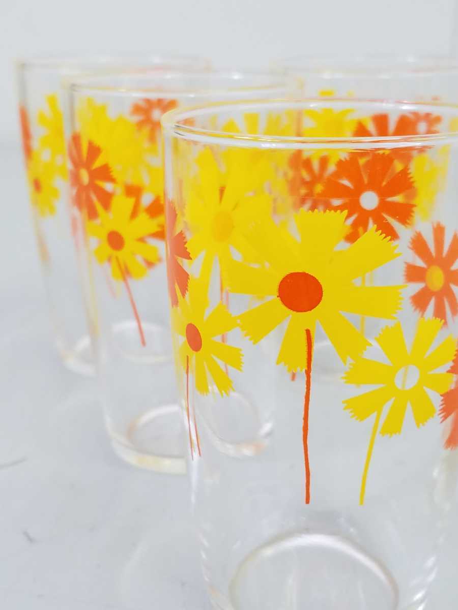 [ unused ] Showa Retro floral print glass 5 customer set height approximately 10.5cm boxed retro pop glass orange glass glass tumbler 