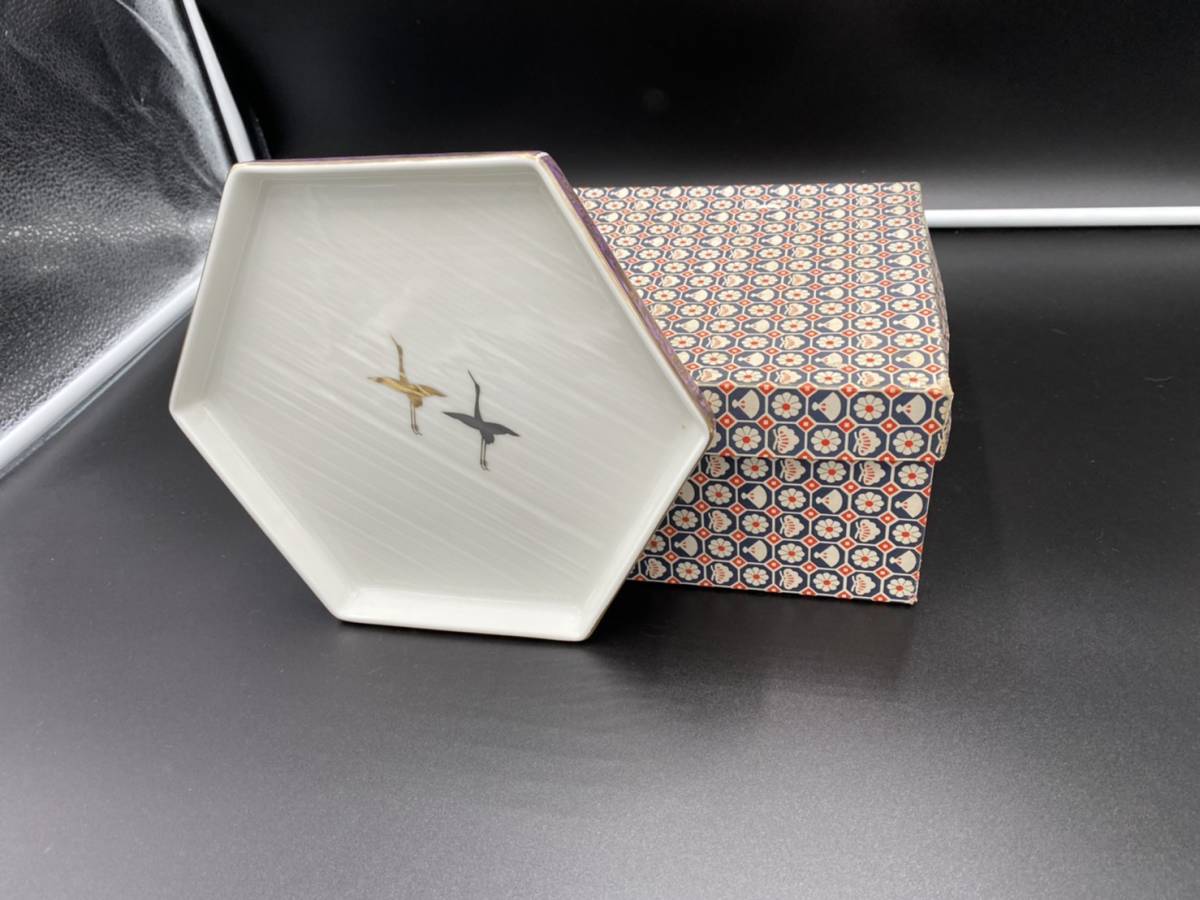 【角皿】六角形の角皿　5枚組　箱付【鶴の柄】