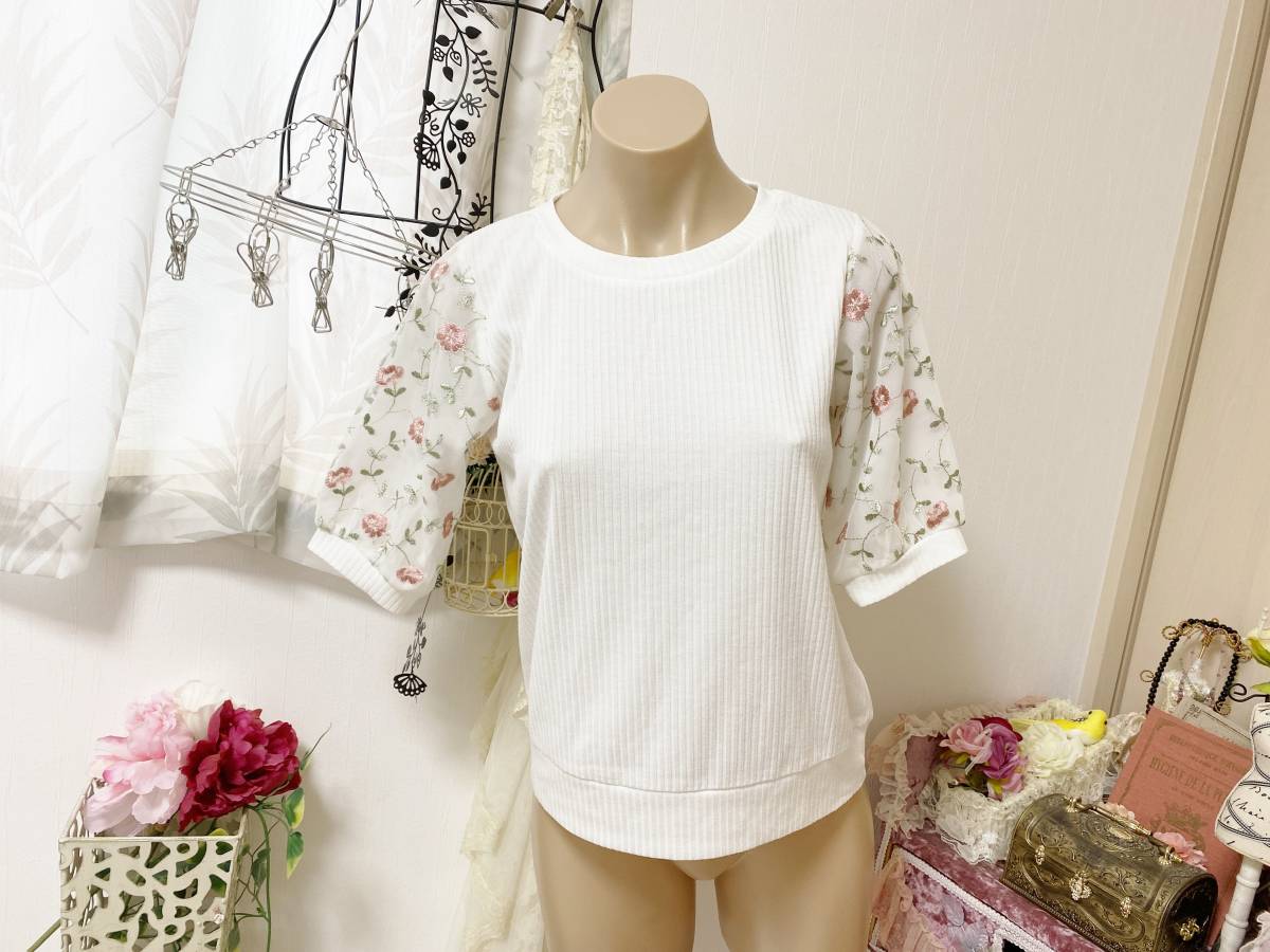  Lady's M size : wing [INGNI] flower race soft sleeve * thin knitted / short sleeves shirt : white 