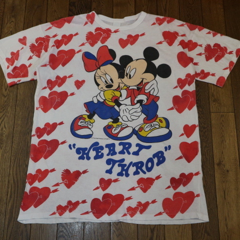 90s Disney ミッキー ミニーマウス ハート 総柄 Tシャツ ディズニー Mickey Minnie キャラクター Heart Throb イラスト USA ヴィンテージ