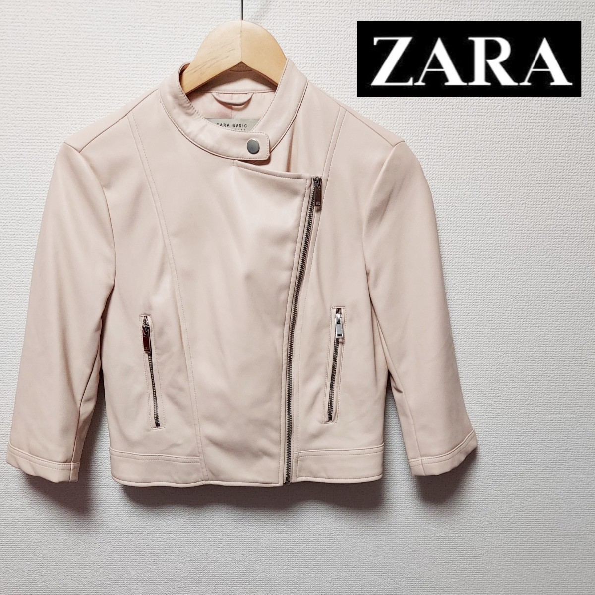 ZARA　BASIC　レディース　Ｍサイズ　ザラ　ジャケット　フェイク　レザー　ショート丈　七分袖　