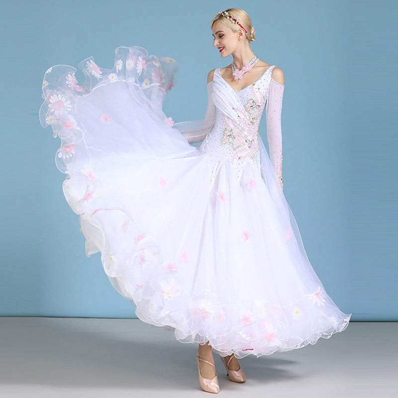 NEW　レディース社交ダンス衣装　ワルツ競技モダンドレス新品　可愛い花柄スカート　ホワイト　サイズS～XXL選択可