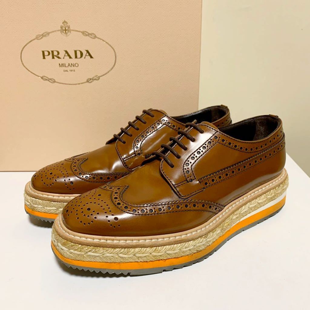 ☆良品 プラダ PRADA エスパドリーユ ウイングチップ プラットフォーム シューズ ブラウン size 35 イタリア製 厚底 革靴