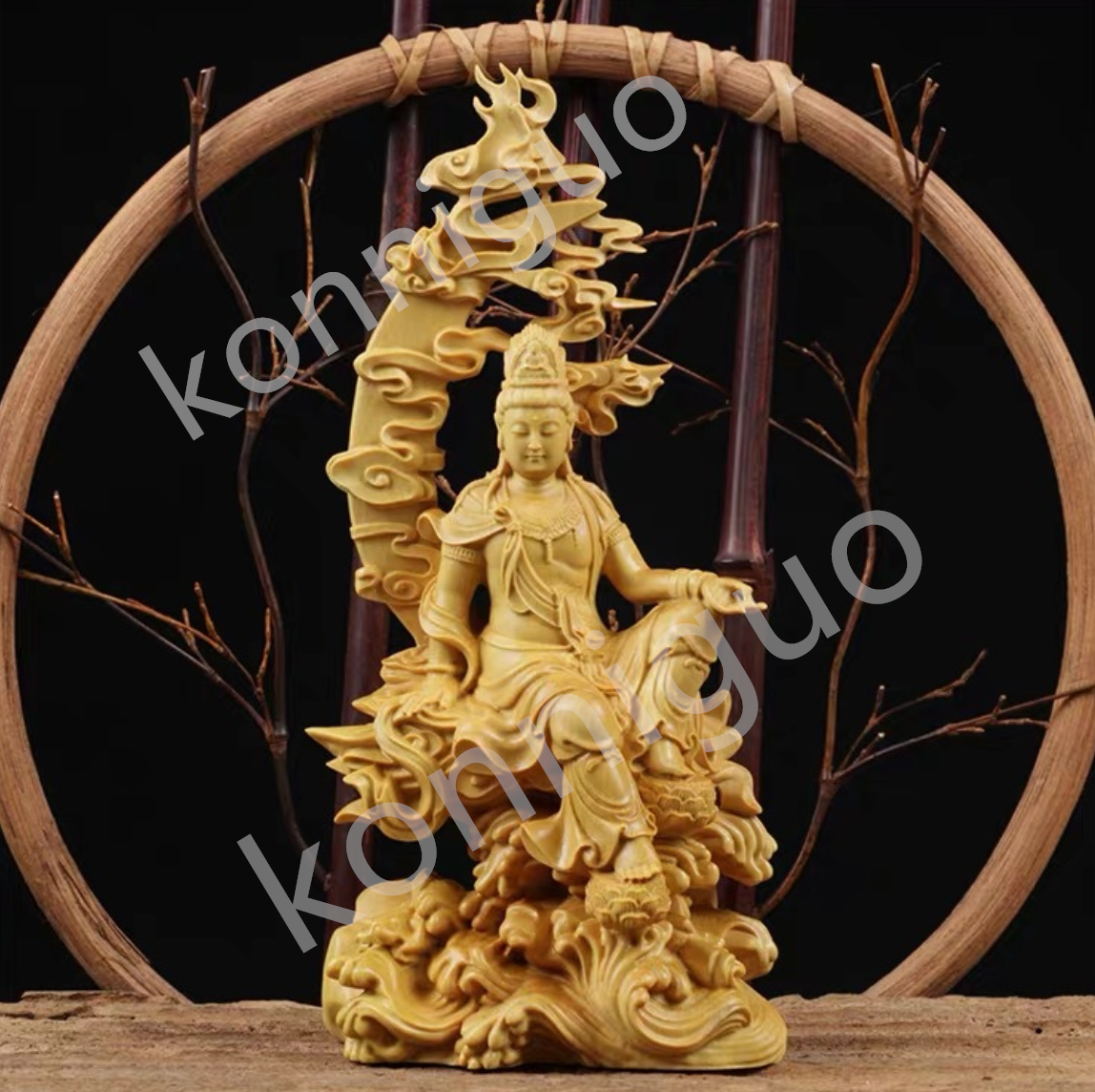 木彫り 水月観音菩薩 置物装飾 無垢材観音仏像 彫刻工芸品JS06-