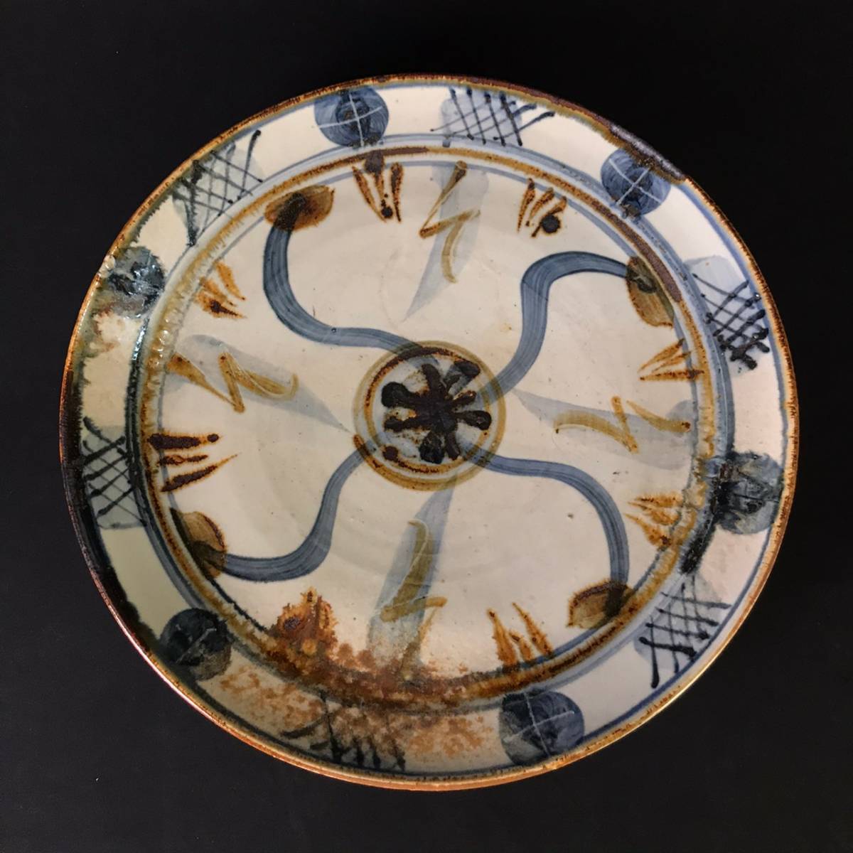 EJ0423-106-30 時代物 古陶磁 大皿 1尺4寸 鉄釉 染付 直径約43㎝高5㎝　120サイズ