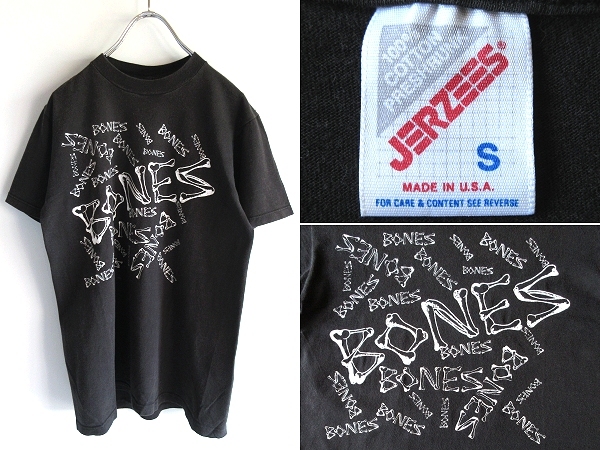 希少 90sビンテージ USA製 POWELL BONES パウエル ボーンズ ロゴプリントTシャツ S 黒 ブラック スケートボード JERZEES スカル ネコポス可_画像1