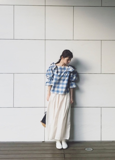  new goods maturely inset .a Lee puff sleeve check blouse light blue silver chewing gum BEAMS BOY