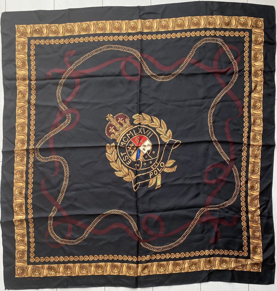 送料無料 90s 80s 未使用 美品 POLO Ralph Lauren CREST SILK SCARF 日本製 シルク スカーフ クレスト  RRL VINTAGE ビンテージ 大判 92 93