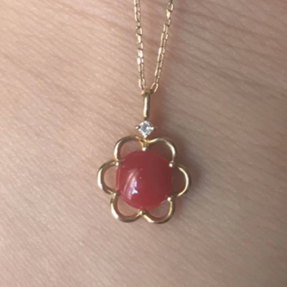 日本産 赤珊瑚 サンゴ 花 プチ ネックレス ダイヤモンド 18k