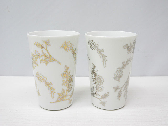 *YC3690 unused goods Afternoon Tea free cup 2 customer set floral print gold paint silver . pair glass tumbler antique free shipping *