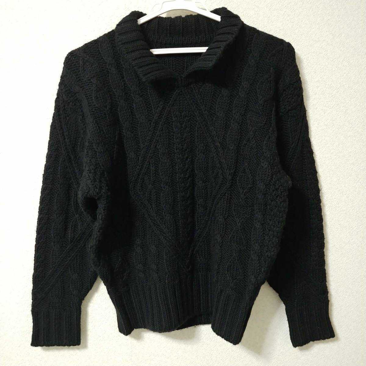 アモイ インター ケーブル ニット セーター トップス 厚手 衿付き プルオーバー ウール100％ 黒 ブラック