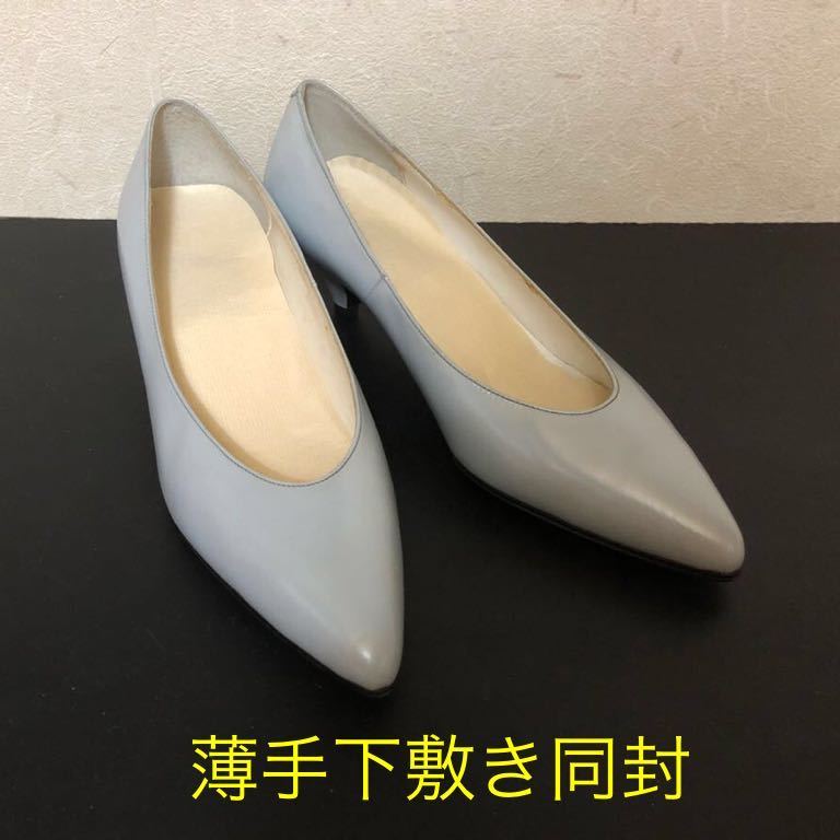  unused goods superior article * original leather shoes 23.5cm spring summer autumn winter elegant middle heel sense of stability heel pumps light blue lady's shoes stylish pumps woman blue gray 