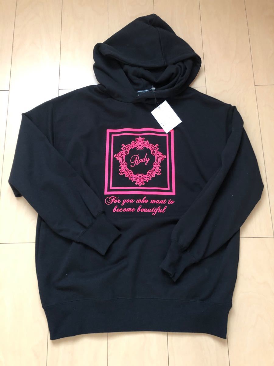 Rady ホテルシリーズ フーディ パーカー S ビッグシルエット 黒×ピンク