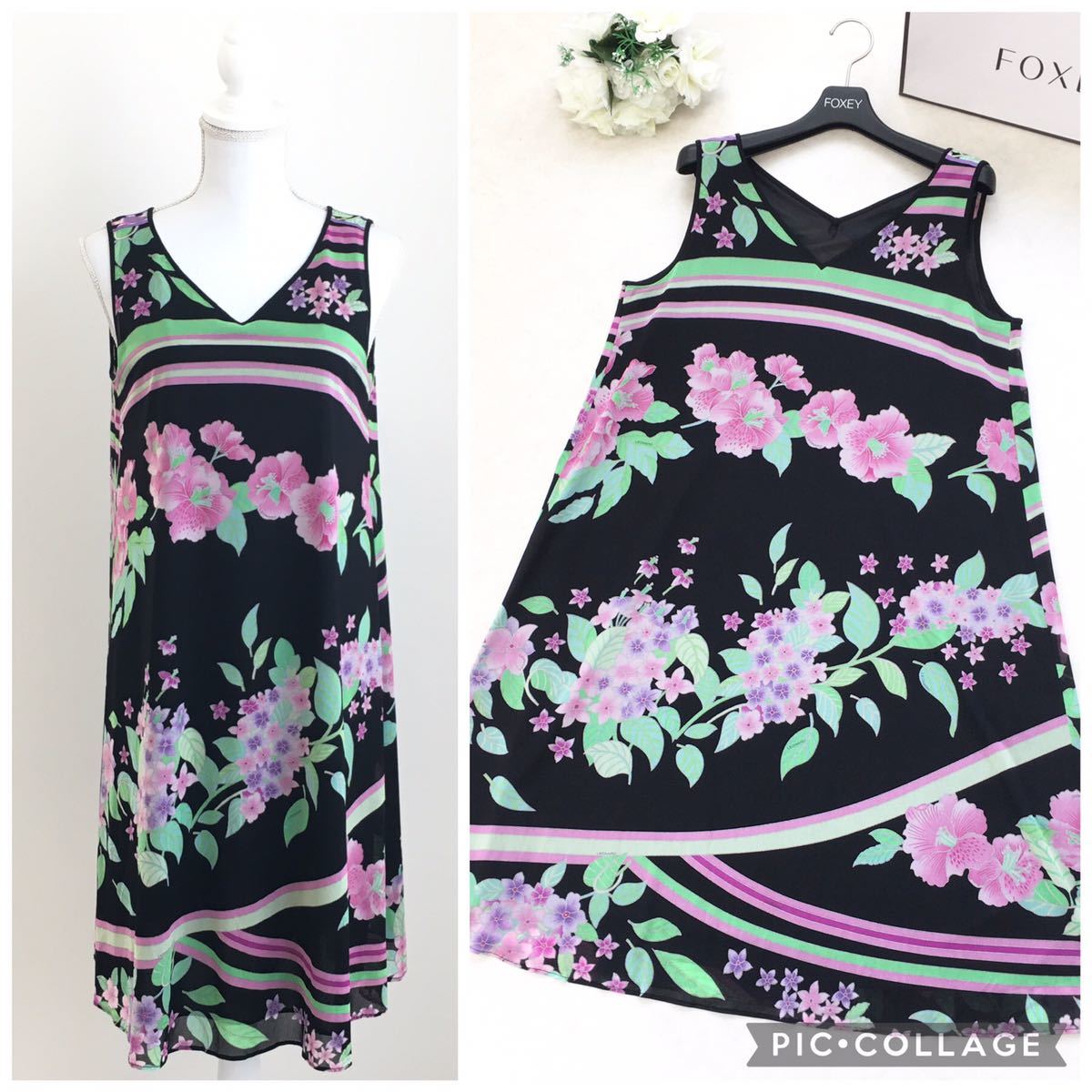 美品】LEONARD レオナール カンカン素材 花柄 ワンピース 送料 美品】LEONARD レオナール カンカン素材 花柄 ワンピース 送料