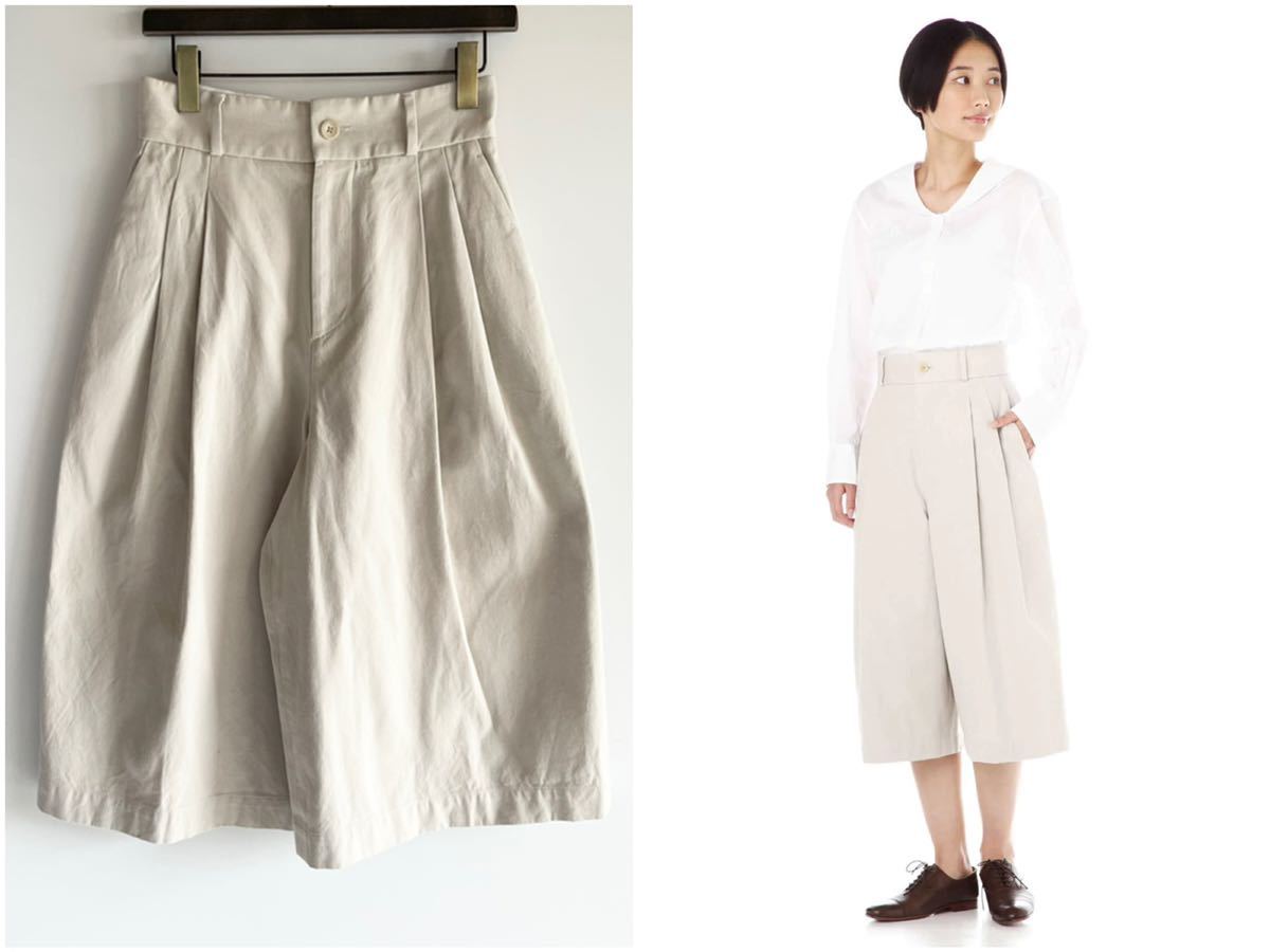 19SS 美品 MARGARET HOWELL YARN DYE HEAVY COTTON TWILL マーガレットハウエル タックワイドキュロット サイズ1 S オフホワイト MHL._画像1