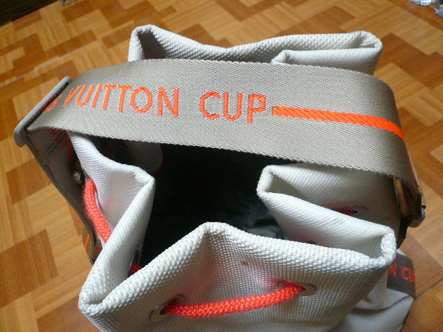 ☆LOUIS VUITTON ルイヴィトンカップ ダミエジェアンショルダーバック 白ナイロンキャンパス×レザーヌメ革×オレンジ紐×ベルトグレイ色 