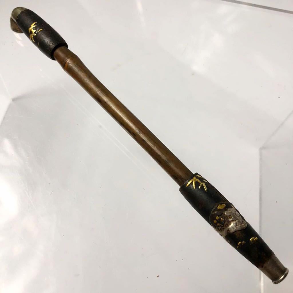 ☆ 江戸 超絶技巧 金工師 石黒正明 鉄地金銀象嵌 竹に狛犬 煙管 喫煙具