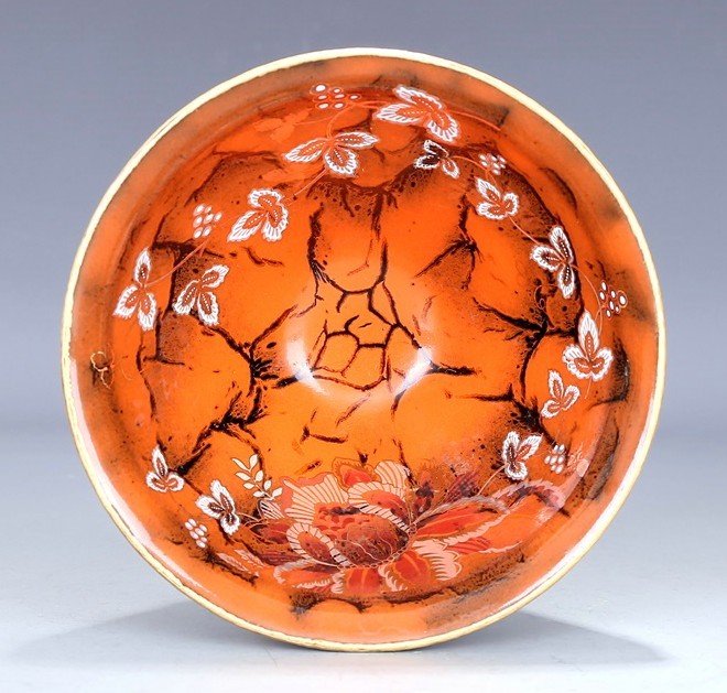 多寶屋】YD233□宋時代 建窯 窯変 紅釉蝶紋 包金茶碗 供御款 共箱 珍品