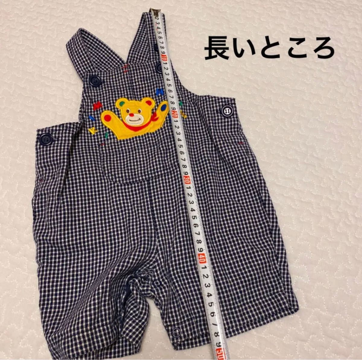 80cm男の子 ミキハウス オーバーオールロンパース 春夏秋 黒白チェック柄刺繍 MIKIHOUSE サロペット ギンガムチェック