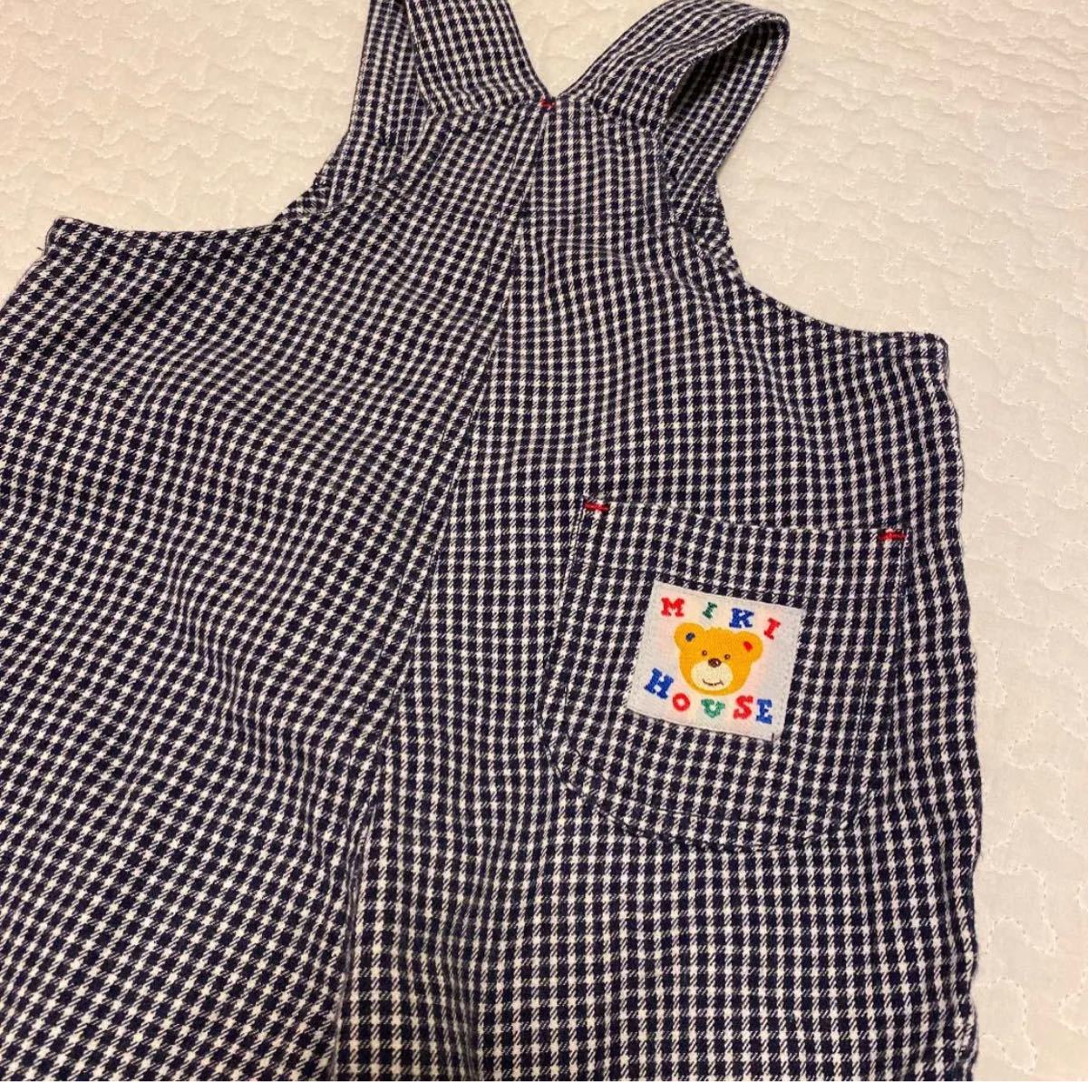 80cm男の子 ミキハウス オーバーオールロンパース 春夏秋 黒白チェック柄刺繍 MIKIHOUSE サロペット ギンガムチェック