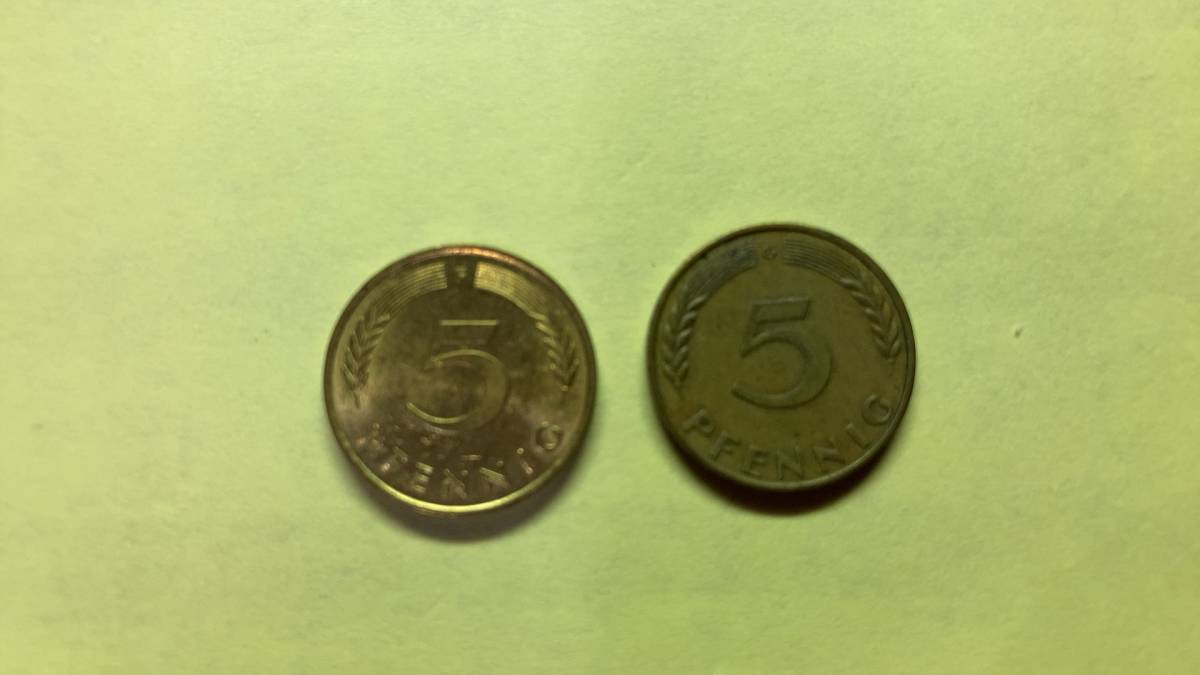 【古銭】外国銭　ドイツ　５ペニヒ硬貨　2枚（1966年、1991年）_画像1