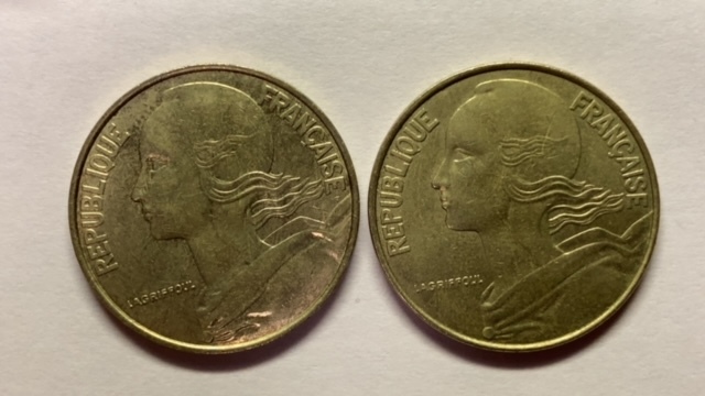 【古銭】外国銭　フランス　20サンチーム硬貨　2枚（1997年２枚）_画像2