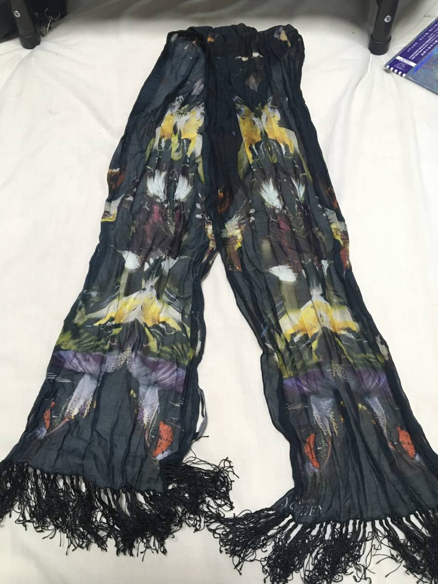 希少　マックイーン　シワ加工　鳥柄 ストール　アーカイブ alexander mcqueen fringe stall bird pattern Vintage archive