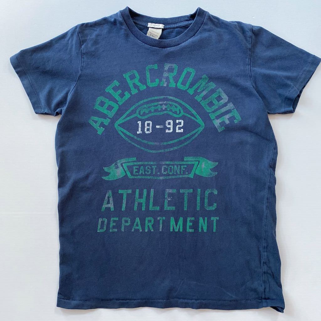 アバクロ Abercrombie&Fitch メンズ TシャツM中古裾ホツレ有り ダメージユーズドプリント加工品 ネイビー スクール風 アメカジ 女性OK_画像1