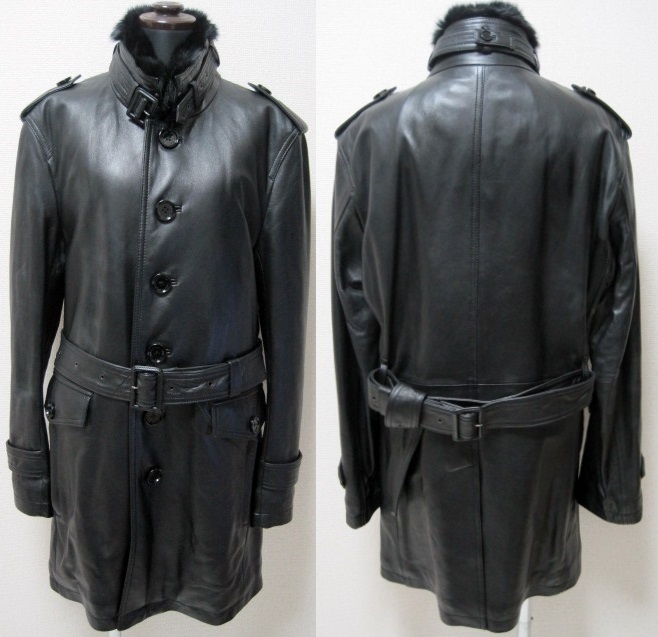 新品 同様 BURBERRY BLACK LABEL 希少14A/W 限定ファー付 ラムレザー トレンチ コート M 黒ジャケット 羊革 46 バーバリーブラックレーベル_画像2