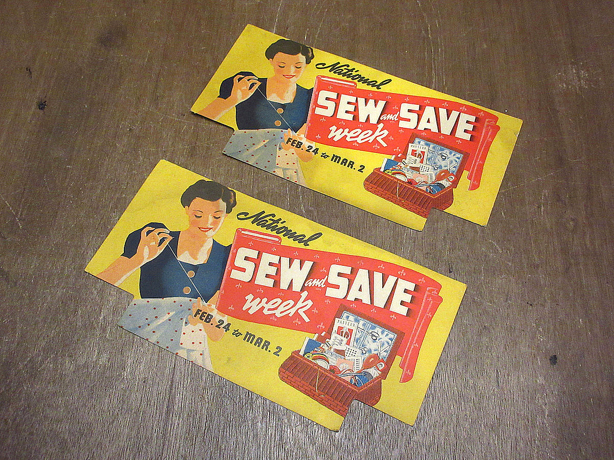 ビンテージ30's●National SEW and SAVE weekアドバタイジングサイン2点セット●210503n7-sign 1930sナショナル裁縫店舗用ディスプレイ_画像1