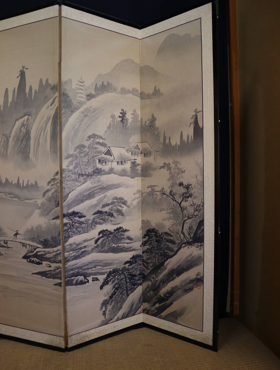 模写】屏風・水墨山水図・人家と滝図・作者不詳・中国-