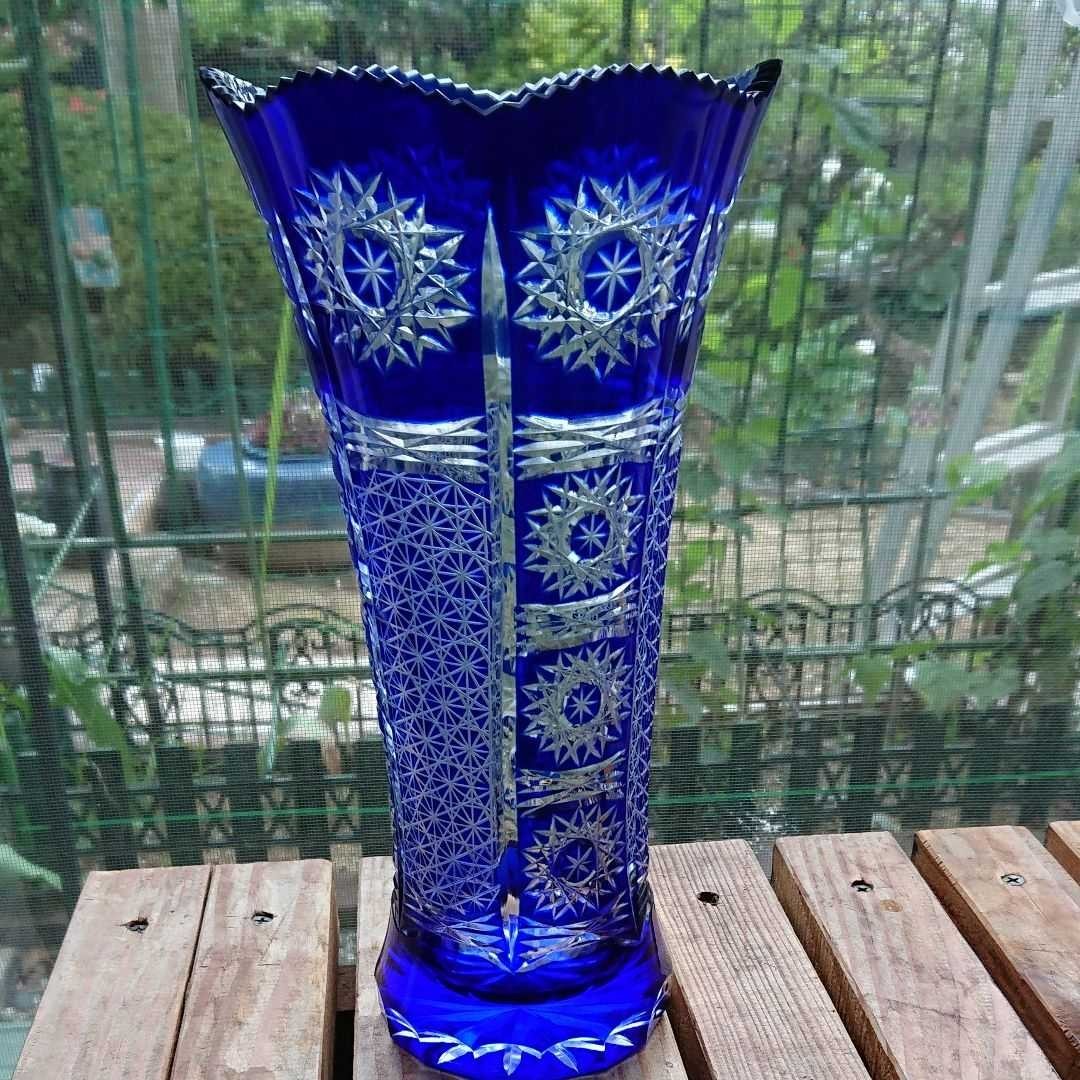 切子 青被せ ガラス 花瓶 カットガラス フラワーベース ○100 %品質
