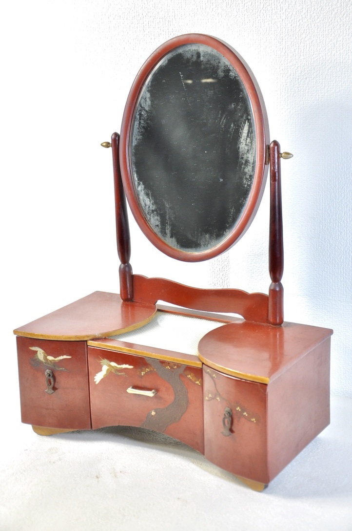  Taisho ~ Showa era the first period japanese antique dresser! pine crane .. paint dresser dresser book@ tree lacquer mother-of-pearl small ... easy to use size! diameter 39cm YAY