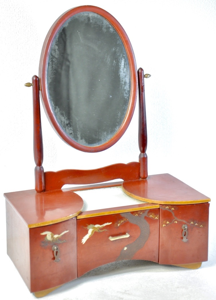  Taisho ~ Showa era the first period japanese antique dresser! pine crane .. paint dresser dresser book@ tree lacquer mother-of-pearl small ... easy to use size! diameter 39cm YAY