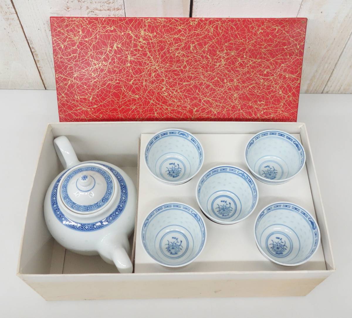 伝統工芸 工芸美術 中國 *景徳鎮製 煎茶器揃*急須 湯呑五客*染付 蛍