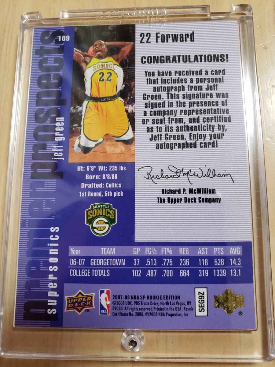 サイン 2007 -08 UD Rookie Edition JEFF GREEN RC Autograph / ジェフ グリーン Auto Seattle Supersonics _画像6