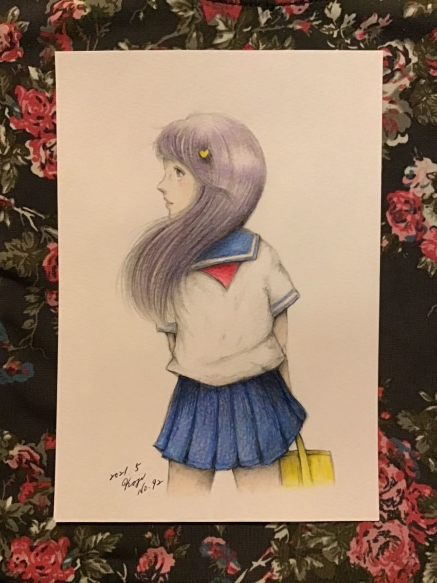 手書きイラスト 女の子 92 No サイズ16 5 11 5 セーラー服の少女 ボールペン 新品 画用紙 色鉛筆 鉛筆 秀逸 セーラー服の少女