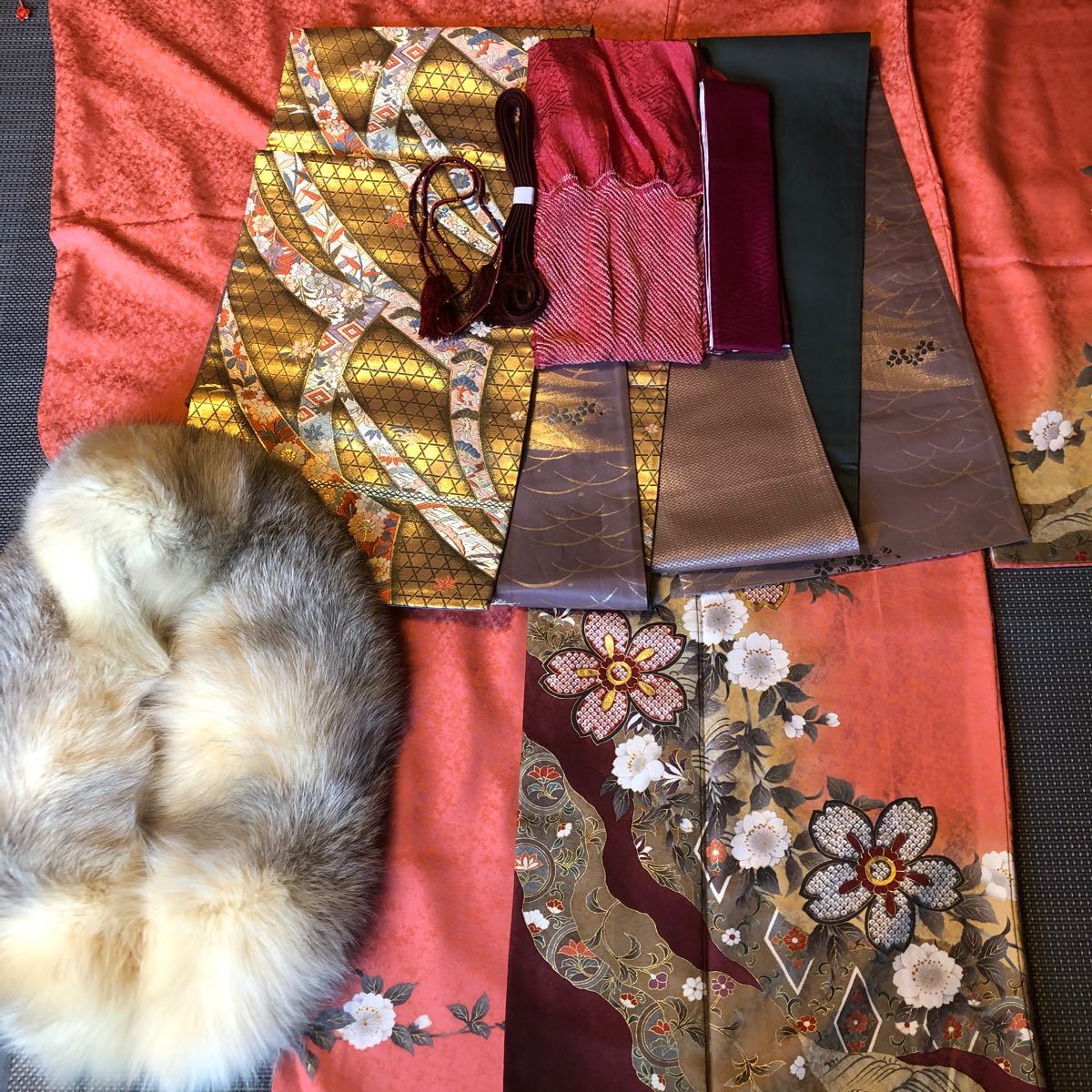 ☆美品☆振袖☆袋帯☆ショール☆帯揚げ☆帯締め☆帯飾り紐☆伊達襟☆7
