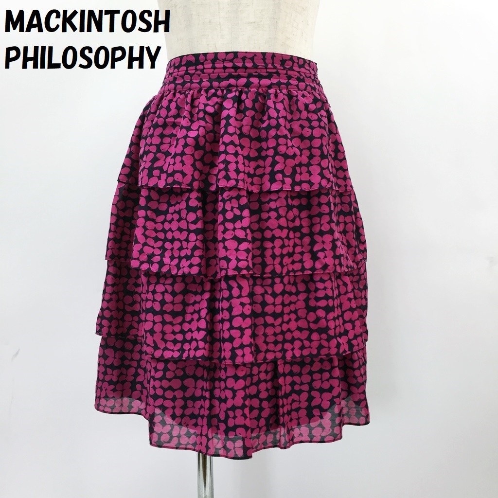 【人気】MACKINTOSH PHILOSOPHY/マッキントッシュ フィロソフィー 膝丈 フリル スカート 裏地あり 総柄 ブラックベース サイズ36/S1652_画像1