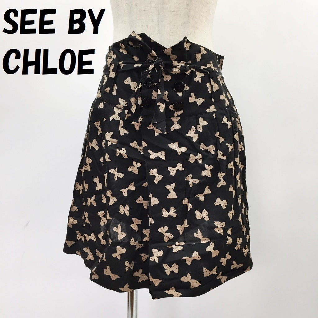 [ популярный ]SEE BY CHLOE/ See by Chloe шелк . лента рисунок мини-юбка лента ремень имеется подкладка есть черный основа US размер 2/S1663