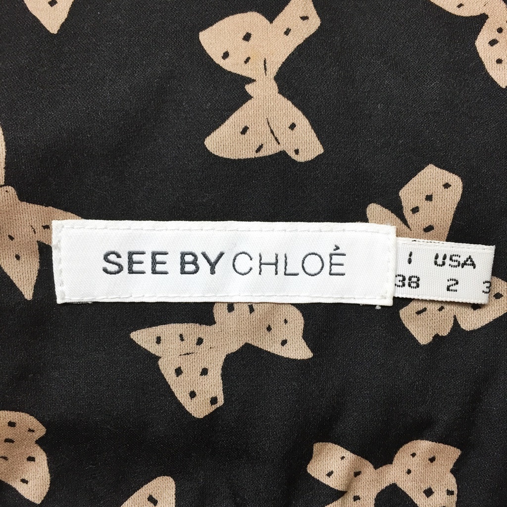 【人気】SEE BY CHLOE/シーバイクロエ シルク混 リボン柄 ミニスカート リボンベルト付き 裏地あり ブラックベース USサイズ2/S1663_画像6