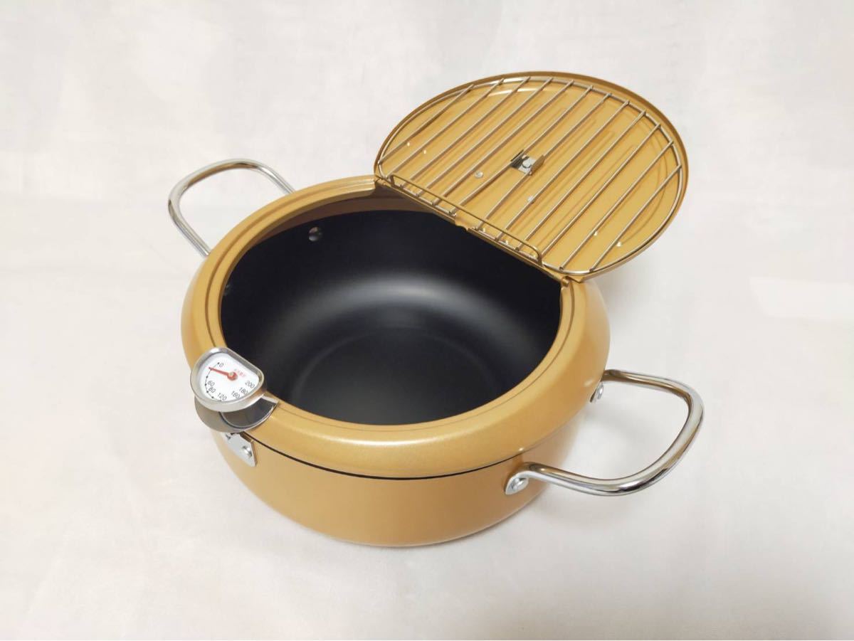 楽々天ぷら鍋 鉄製 温度計付 揚げ鍋24cm バット蓋付  ゴールド