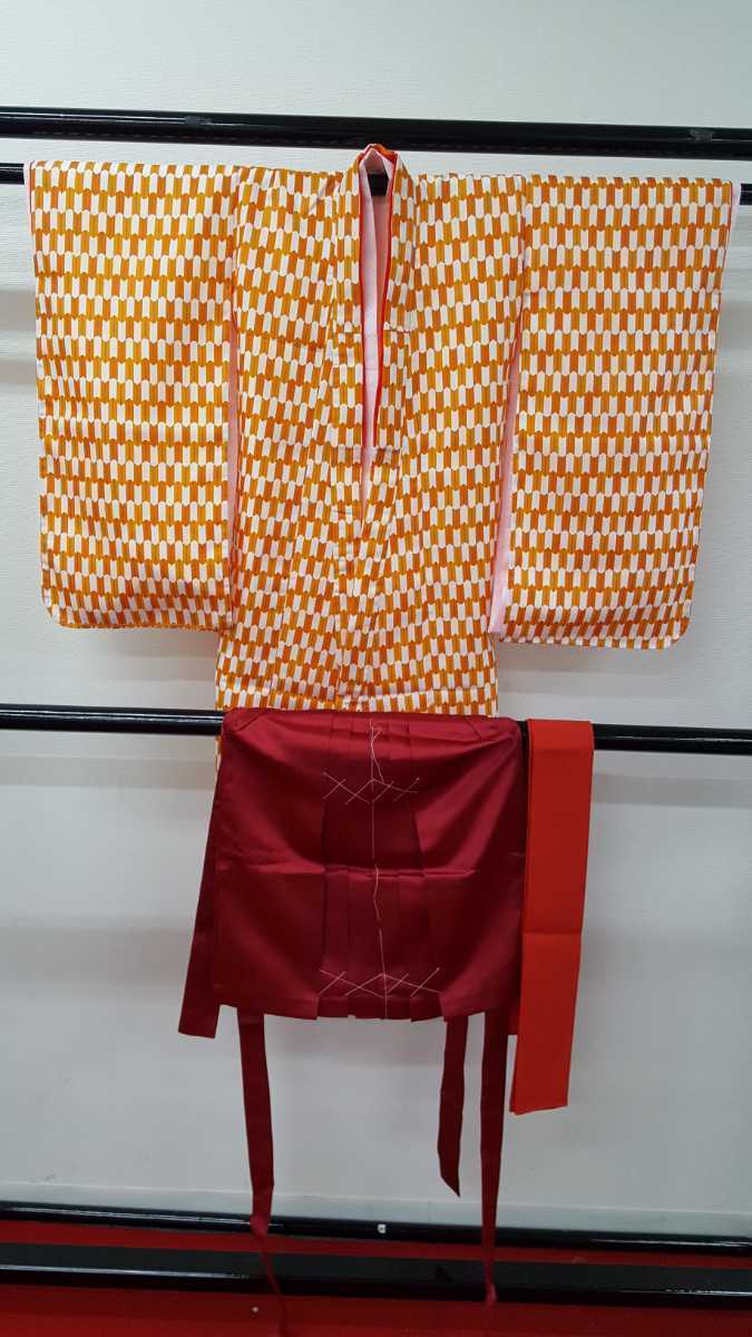 [.929]3 -years old The Seven-Five-Three Festival kimono & hakama & underskirt & obi 4 point set celebration put on kimono hakama orange ...210525