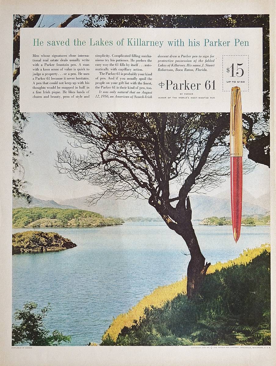 稀少・広告！1960年パーカー万年筆広告/Parker 61 Pen/文房具/キラーニー湖/P _画像1