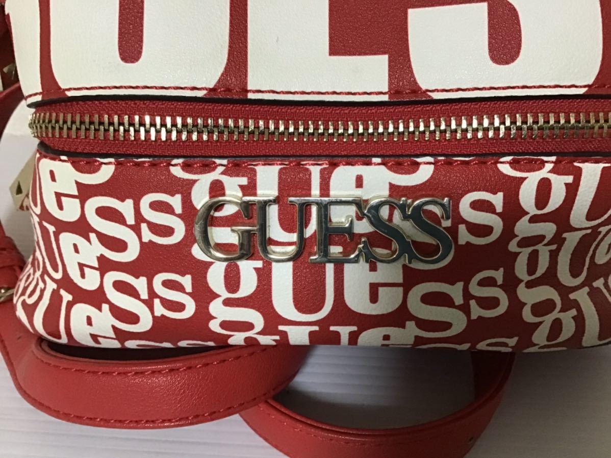 GUESS／ゲス リュック 赤×白 レディース レザー マルチロゴ バック