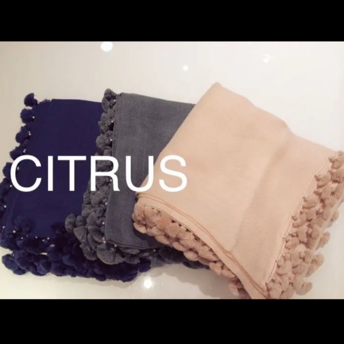 CITRUS ウール100% ポンポンパール付きストール ライトピンク パステル