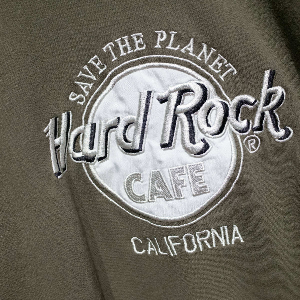 USA製 ハードロックカフェ HARD ROCK CAFE CALIFORNIA 希少 銀刺繍 デカロゴ スウェット トレーナー グリーン グレー L