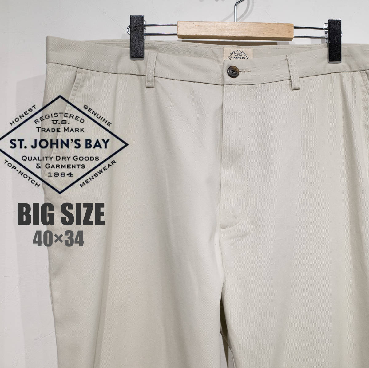 大きいサイズ ST.JOHN’S BAY ビッグサイズ 40×34 チノスラックス パンツ オフホワイト ノータック アメトラ アイビー ゆるダボ JC PENNY