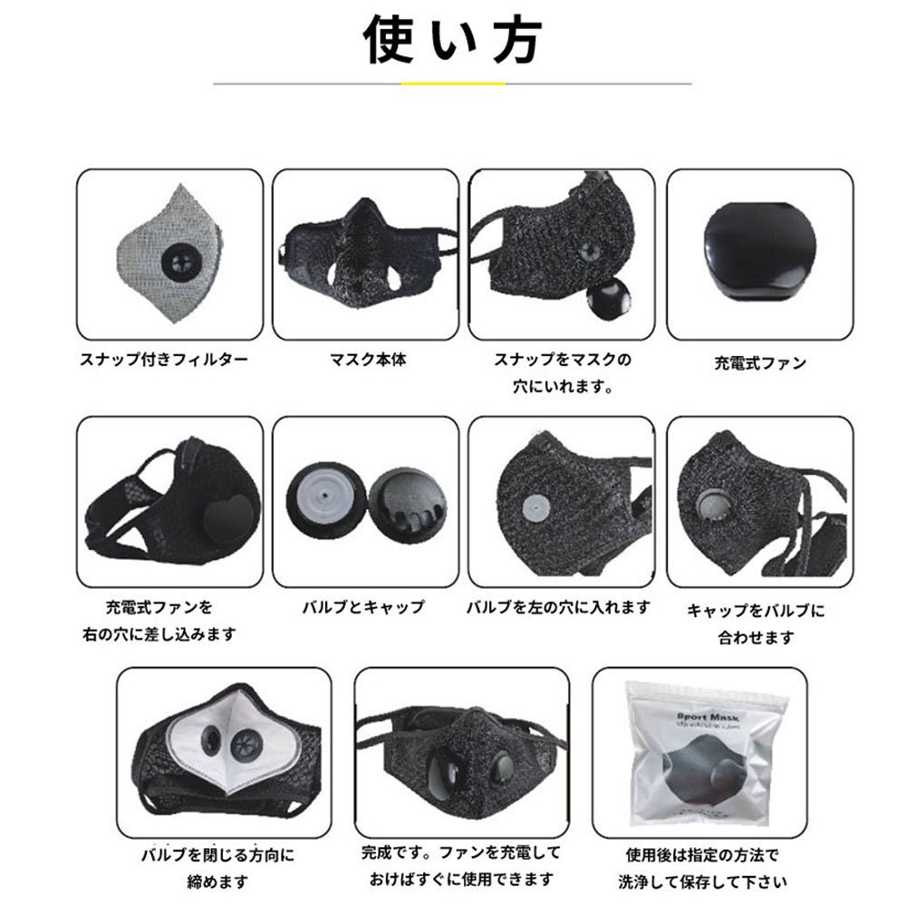 電動マスク コネクテッドマスク four 2枚 ダブル排気 ファン付 USB充電 日本語説明書付き 涼しい ウェアラブル 3D立体_画像5
