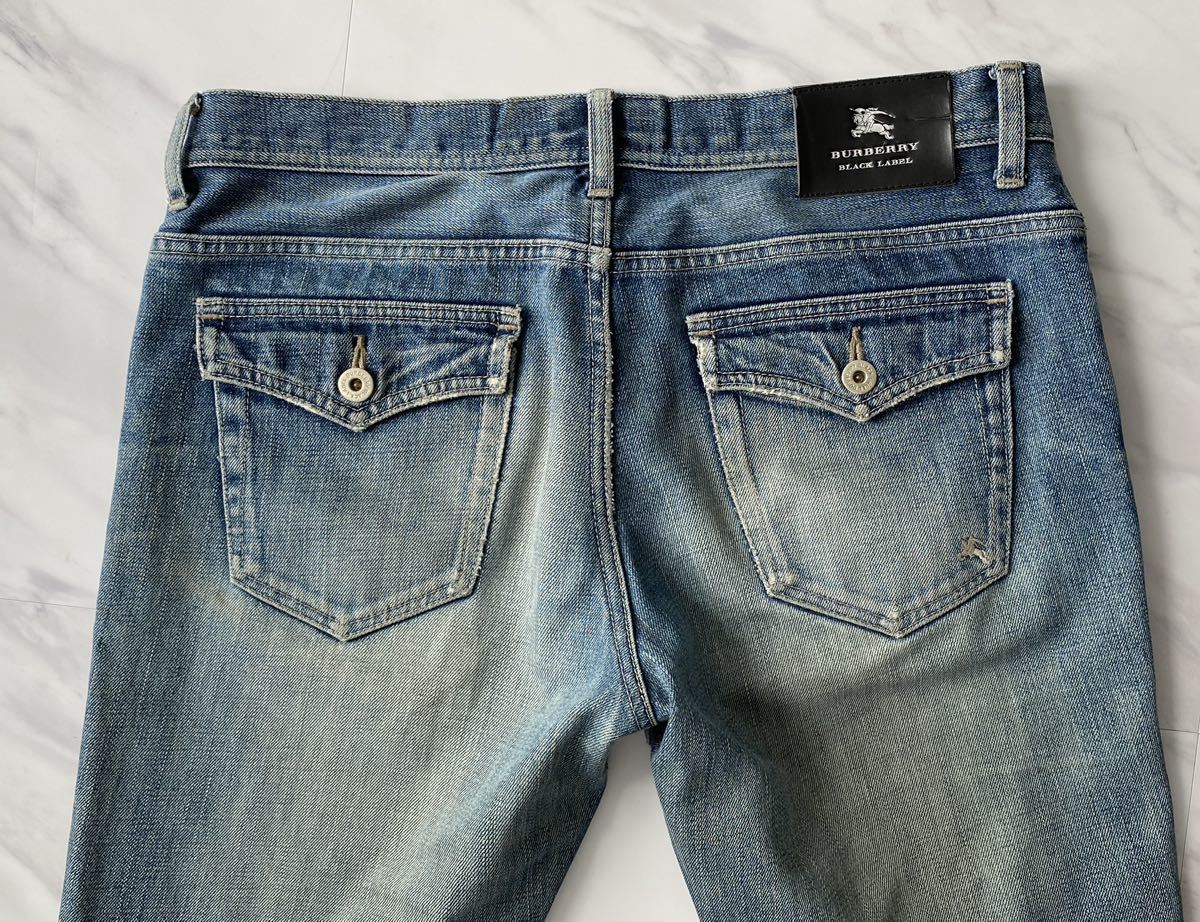 美品 希少 名作 BURBERRY BLACK LABEL ダメージ 加工 デニム パンツ 79 インディゴ バーバリーブラックレーベル バーバリー 廃盤 激レア